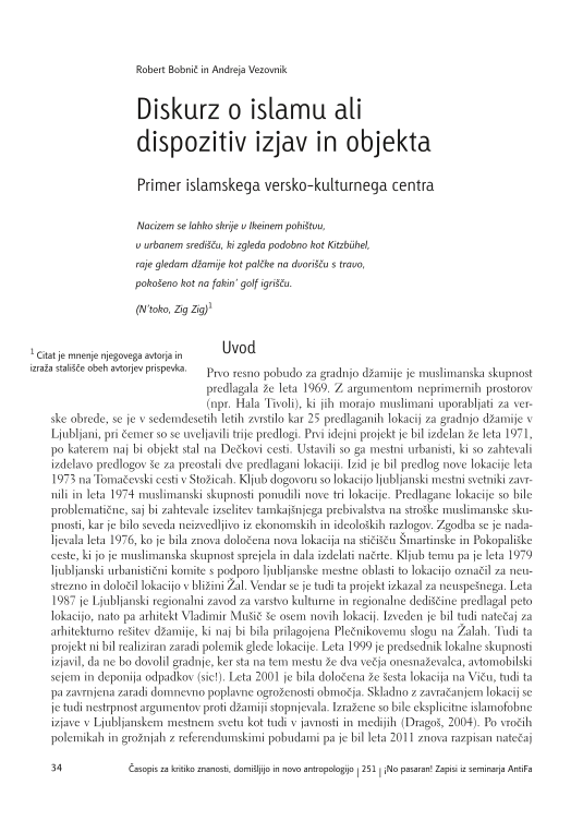 Diskurz o islamu ali dispozitiv izjav in objekta: Primer islamskega versko-kulturnega centra