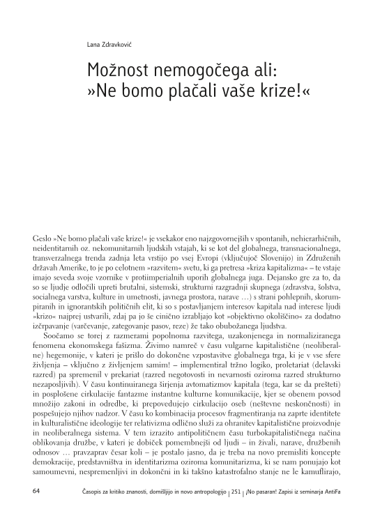 Možnost nemogočega ali: »Ne bomo plačali vaše krize!«