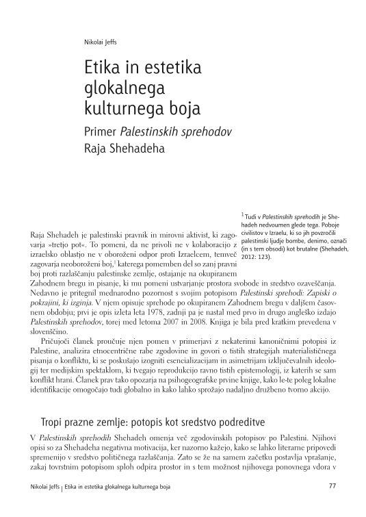 Etika in estetika glokalnega kulturnega boja: primer Palestinskih sprehodov Raja Shehadeha