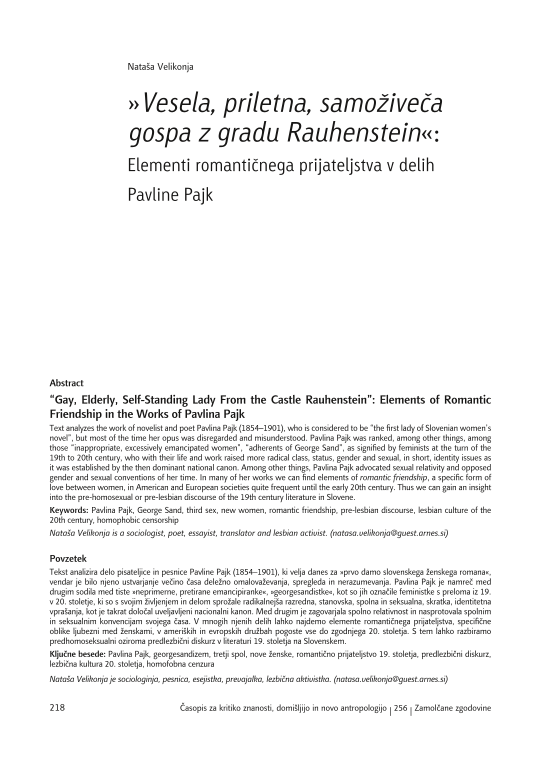 “Gay, Elderly, Self-Standing Lady From the Castle Rauhenstein”: Elements of Romantic Friendship in the Works of Pavlina Pajk