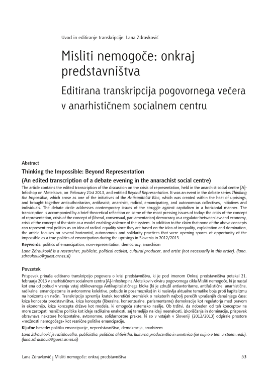 Misliti nemogoče: onkraj predstavništva (Editirana transkripcija pogovornega večera v anarhističnem socialnem centru)
