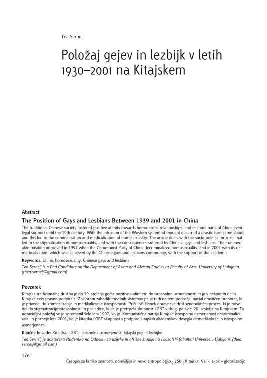 The Position of Gays and Lesbians Between 1939 and 2001 in China