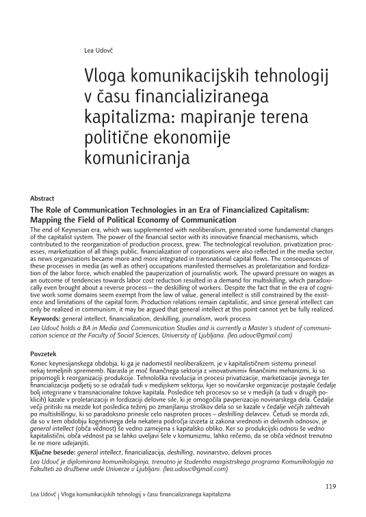 Vloga komunikacijskih tehnologij v času financializiranega kapitalizma: mapiranje terena politične ekonomije komuniciranja