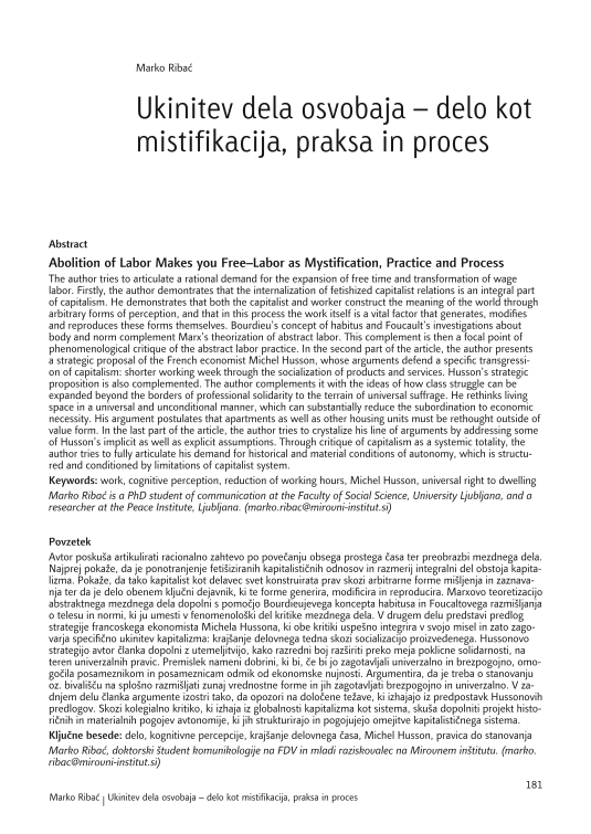 Ukinitev dela osvobaja – delo kot mistifikacija, praksa in proces