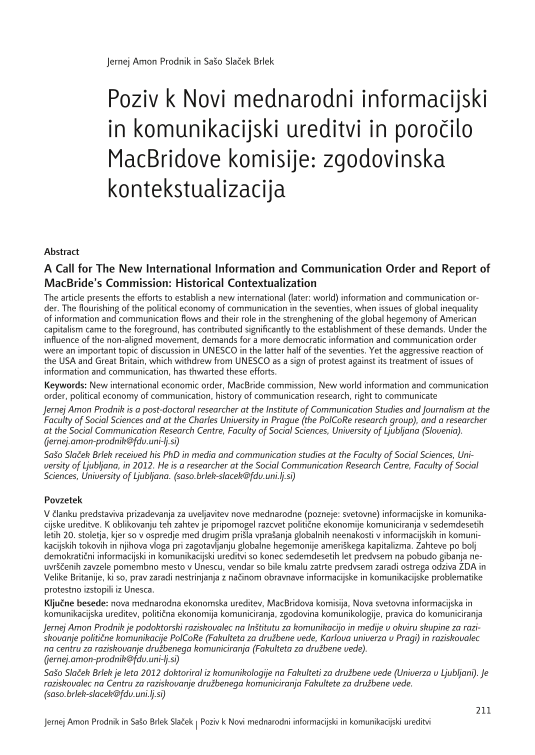 Poziv k Novi mednarodni informacijski in komunikacijski ureditvi in poročilo MacBridove komisije: zgodovinska kontekstualizacija