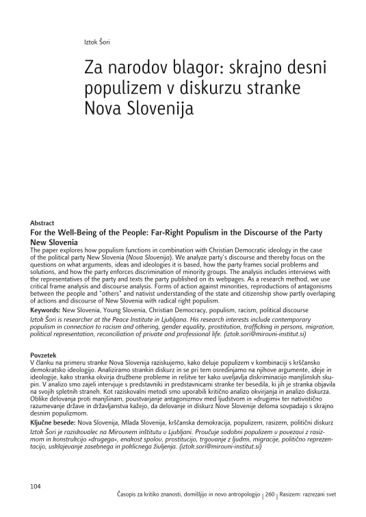 For the Well-Being of the People: Far-Right Populism in the Discourse of the Party New Slovenia