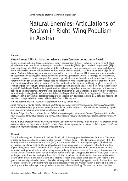 Naravni sovražniki: Artikulacije rasizma v desničarskem populizmu v Avstriji