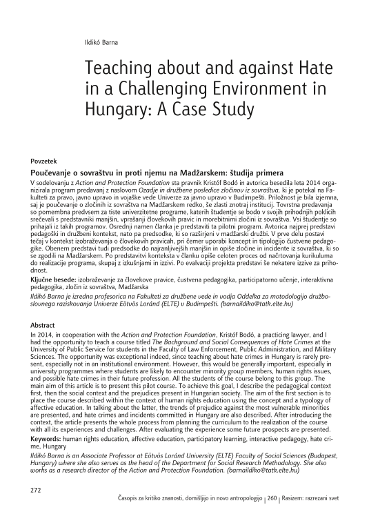 Poučevanje o sovraštvu in proti njemu na Madžarskem: študija primera