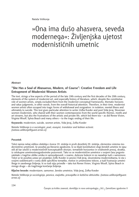 »Ona ima dušo ahasvera, seveda modernega«: Življenjska ujetost modernističnih umetnic