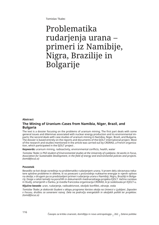 Problematika rudarjenja urana – primeri iz Namibije, Nigra, Brazilije in Bolgarije