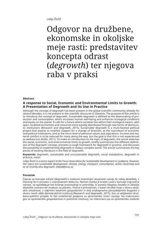 Odgovor na družbene, ekonomske in okoljske meje rasti: predstavitev koncepta odrast (degrowth) ter njegova raba v praksi