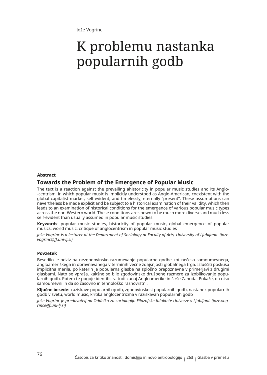 K problemu nastanka popularnih godb