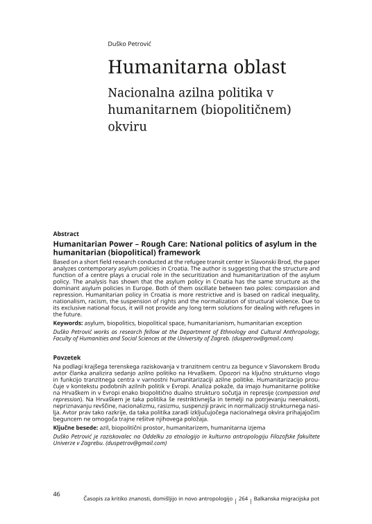 Humanitarian Power – Rough Care: National politics of asylum in the humanitarian (biopolitical) framework