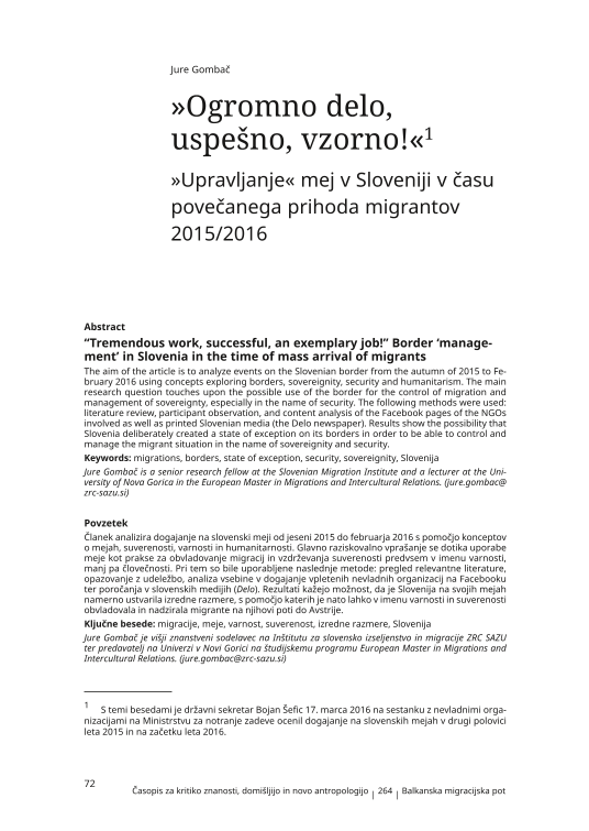 »Ogromno delo, uspešno, vzorno!«: »Upravljanje« mej v Sloveniji v času povečanega prihoda migrantov 2015/2016