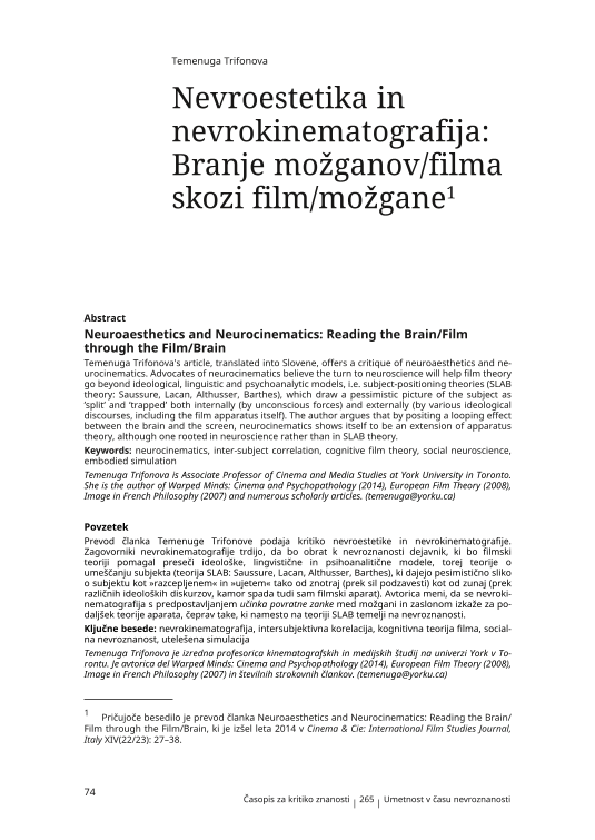 Nevroestetika in nevrokinematografija: Branje možganov/filma skozi film/možgane