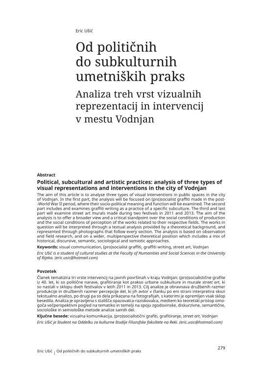 Od političnih do subkulturnih umetniških praks: analiza treh vrst vizualnih reprezentacij in intervencij v mestu Vodnjan