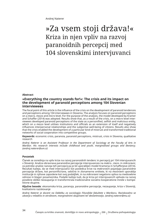 »Everything the country stands for!«: The crisis and its impact onthe development of paranoid perceptions among 104 Slovenian interviewees