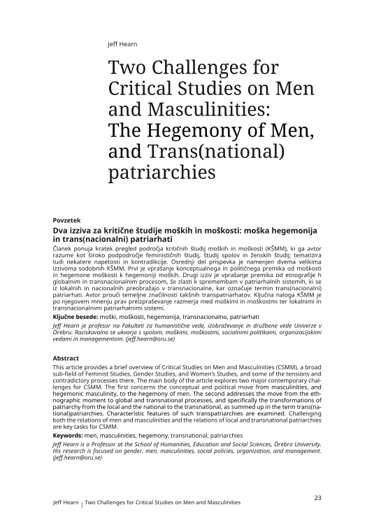 Dva izziva za kritične študije moških in moškosti: moška hegemonija in trans(nacionalni) patriarhati