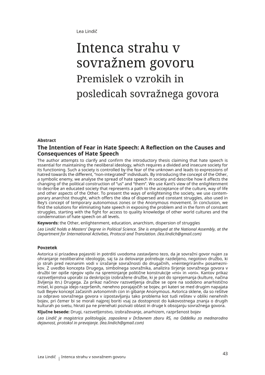 Intenca strahu v sovražnem govoru: premislek o vzrokih in posledicah sovražnega govora