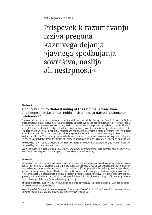 Prispevek k razumevanju izziva pregona kaznivega dejanja »javnega spodbujanja sovraštva, nasilja ali nestrpnosti«