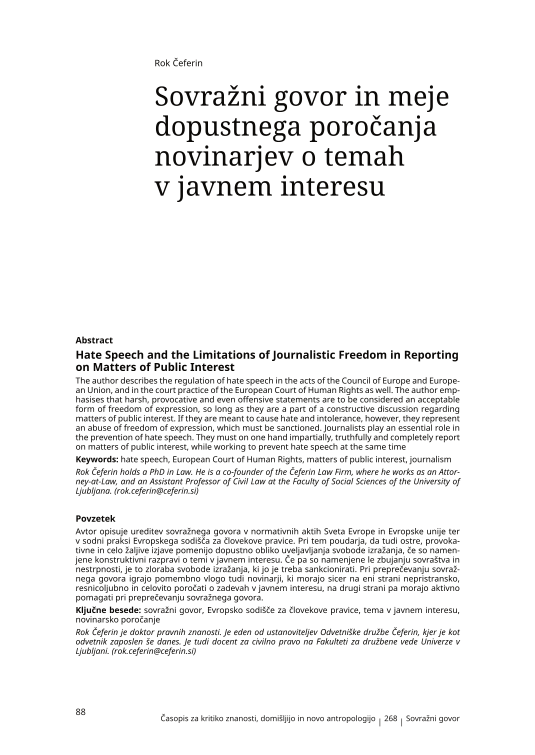 Sovražni govor in meje dopustnega poročanja novinarjev o temah v javnem interesu