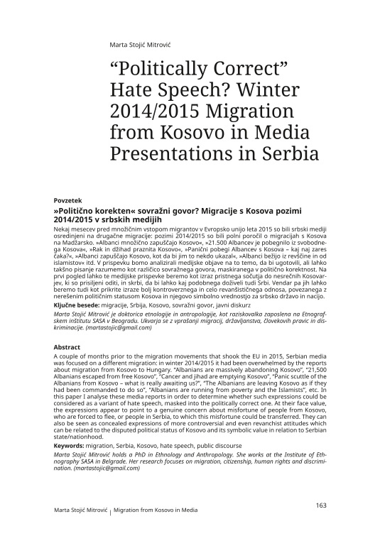 »Politično korekten« sovražni govor? Migracije s Kosova pozimi 2014/2015 v srbskih medijih 