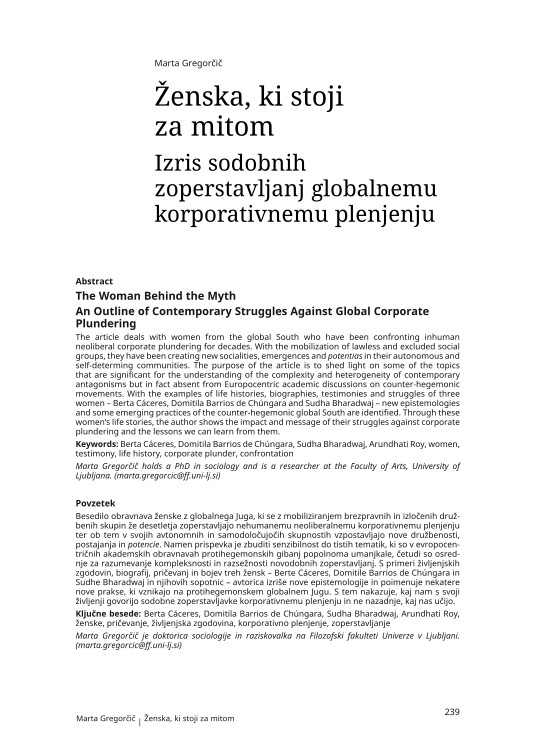 Ženska, ki stoji za mitom: izris sodobnih zoperstavljanj globalnemu plenjenju