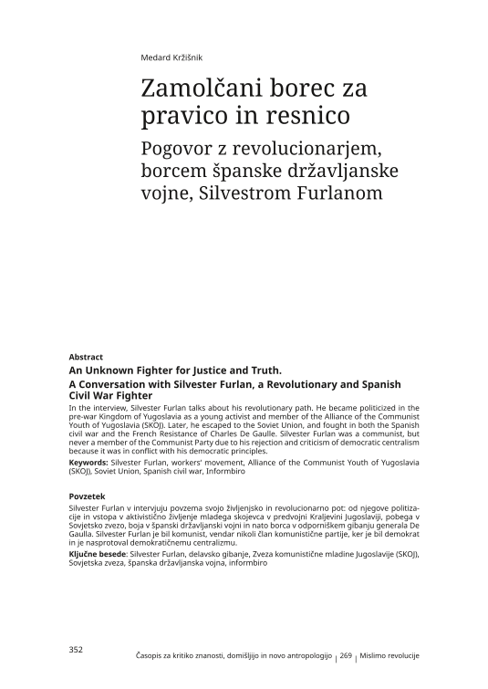 Zamolčani borec za pravico in resnico: pogovor z revolucionarjem, borcem španske državljanske vojne, Silvestrom Furlanom