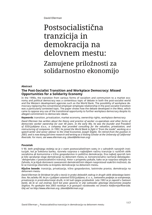 The Post-Socialist Transition and Workplace Democracy: Missed Opportunities for a Solidarity Economy