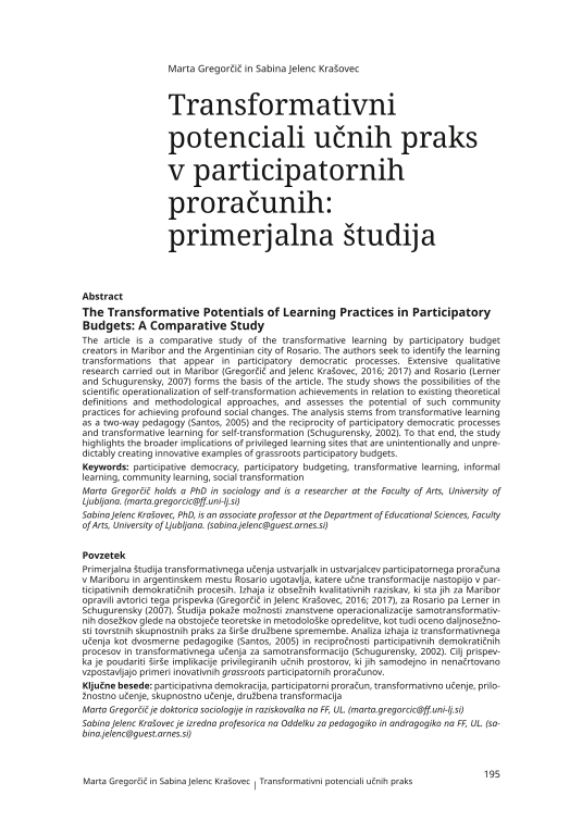 Transformativni potenciali učnih praks v participatornih proračunih: primerjalna študija