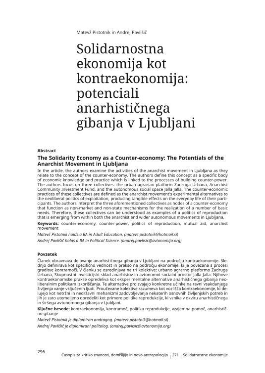 The Solidarity Economy as a Counter-economy: The Potentials of the Anarchist Movement in Ljubljana