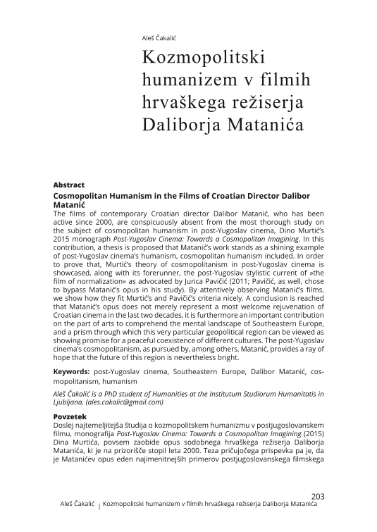 Kozmopolitski humanizem v filmih hrvaškega režiserja Daliborja Matanića