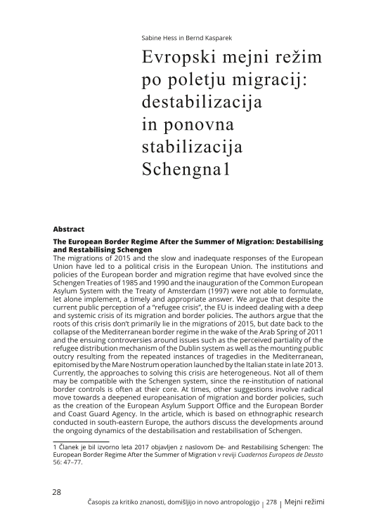 The European Border Regime After the Summer of Migration: Destabilising and Restabilising Schengen