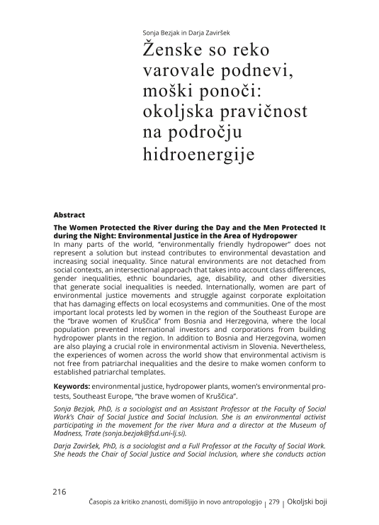 Ženske so reko varovale podnevi, moški ponoči: okoljska pravičnost na področju hidroenergije
