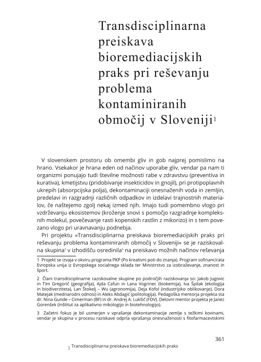 Transdisciplinarna preiskava bioremediacijskih praks pri reševanju problema kontaminiranih območij v Sloveniji