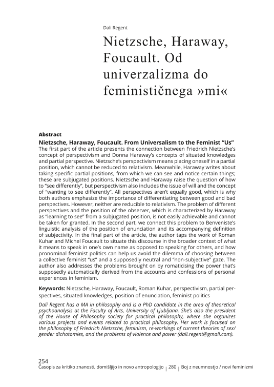 Nietzsche, Haraway, Foucault. Od univerzalizma do feminističnega »mi«