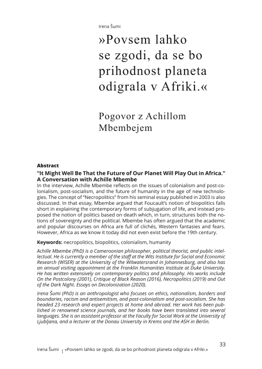 »Povsem lahko se zgodi, da se bo prihodnost planeta odigrala v Afriki.« Pogovor z Achillom Mbembejem