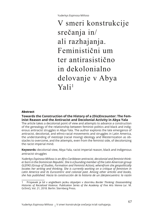 V smeri konstrukcije srečanja in/ali razhajanja. Feministični um ter antirasistično in dekolonialno delovanje v Abya Yali