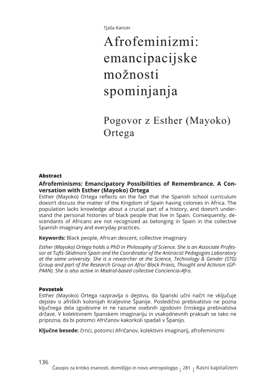 Afrofeminizmi: emancipacijske možnosti spominjanja. Pogovor z Esther (Mayoko) Ortega