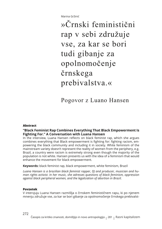 »Črnski feministični rap v sebi združuje vse, za kar se bori tudi gibanje za opolnomočenje črnskega prebivalstva.« Pogovor z Luano Hansen