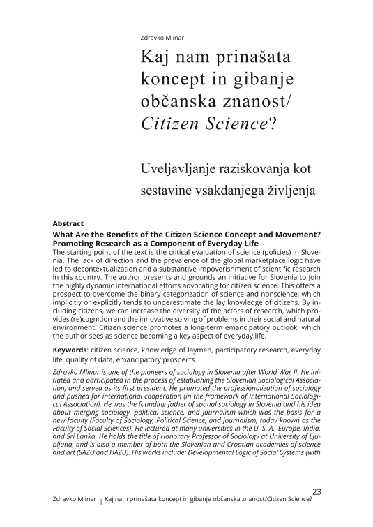 Kaj nam prinašata koncept in gibanje občanska znanost/Citizen Science? Uveljavljanje raziskovanja kot sestavine vsakdanjega življenja