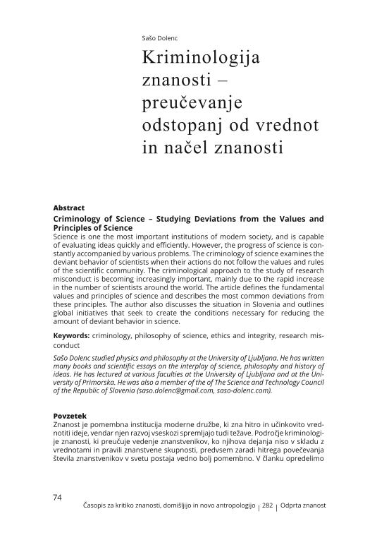 Kriminologija znanosti - preučevanje odstopanj od vrednot in načel znanosti