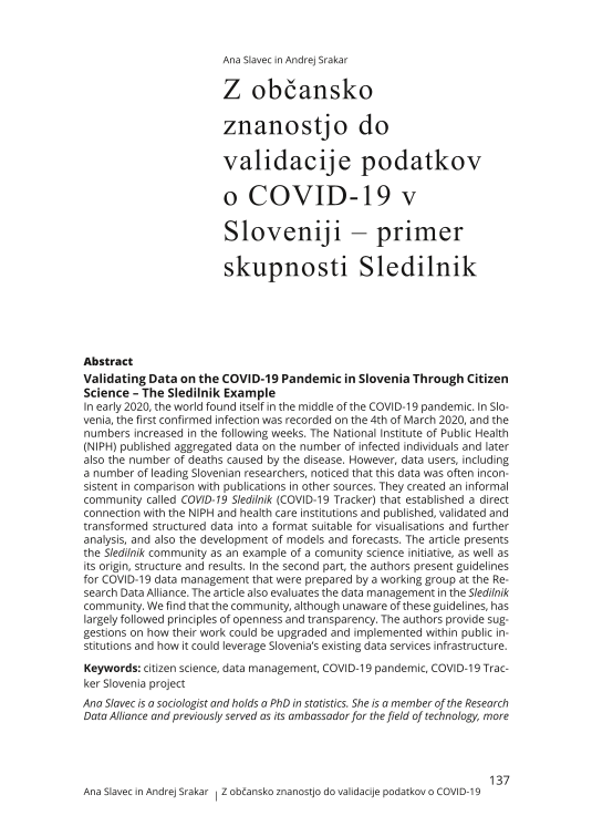 Z občansko znanostjo do validacije podatkov o COVID-19 v Sloveniji – primer skupnosti Sledilnik