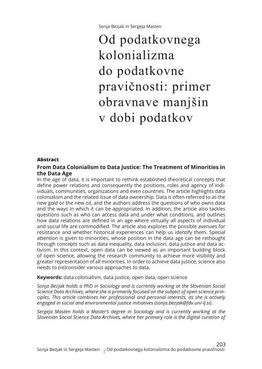 Od podatkovnega kolonializma do podatkovne pravičnosti: primer obravnave manjšin v dobi podatkov