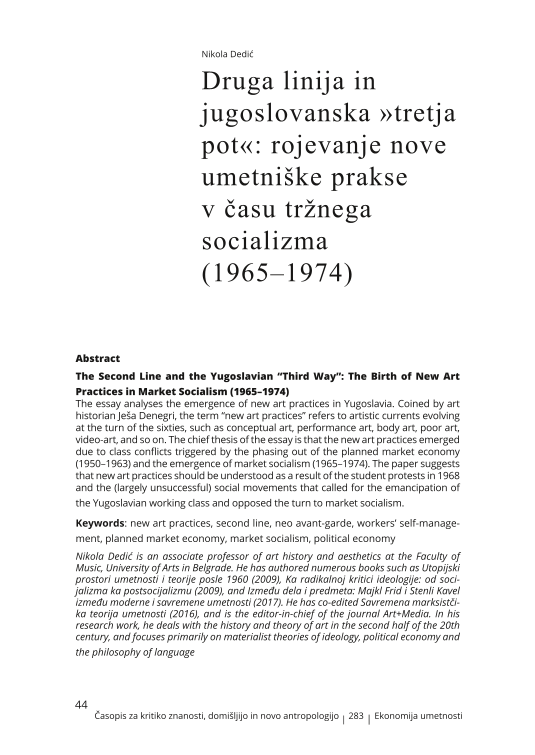 Druga linija in jugoslovanska »tretja pot«: rojevanje nove umetniške prakse v času tržnega socializma (1965–1974)