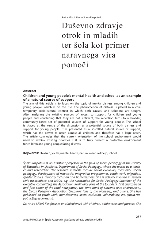 Duševno zdravje otrok in mladih ter šola kot primer naravnega vira pomoči