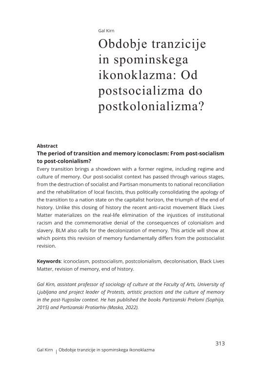 Obdobje tranzicije in spominskega ikonoklazma: Od postsocializma do postkolonializma?