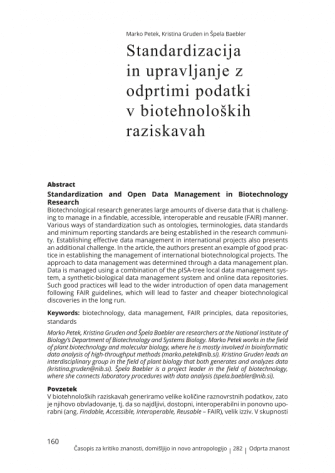 Standardizacija in upravljanje z odprtimi podatki v biotehnoloških raziskavah