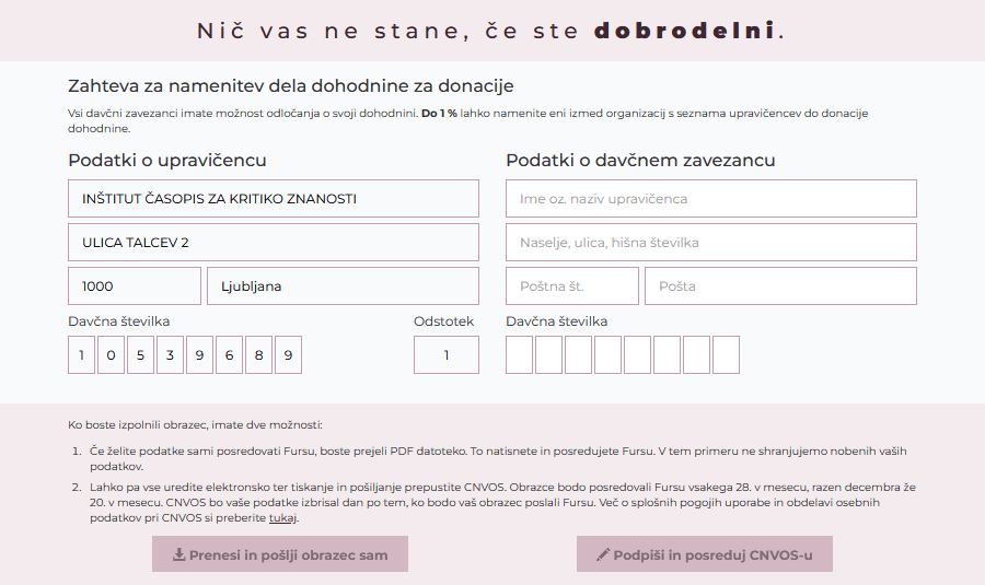 CNVOS - Namenitev dela dohodnine za donacije