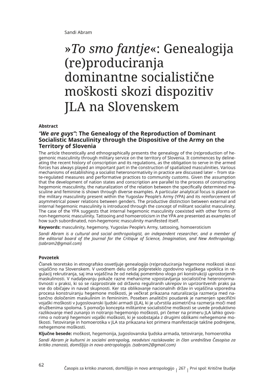 “We are guys”: The Genealogy of the Reproduction of Dominant Socialistic Masculinity through the Dispositive of the Army on the Territory of Slovenia